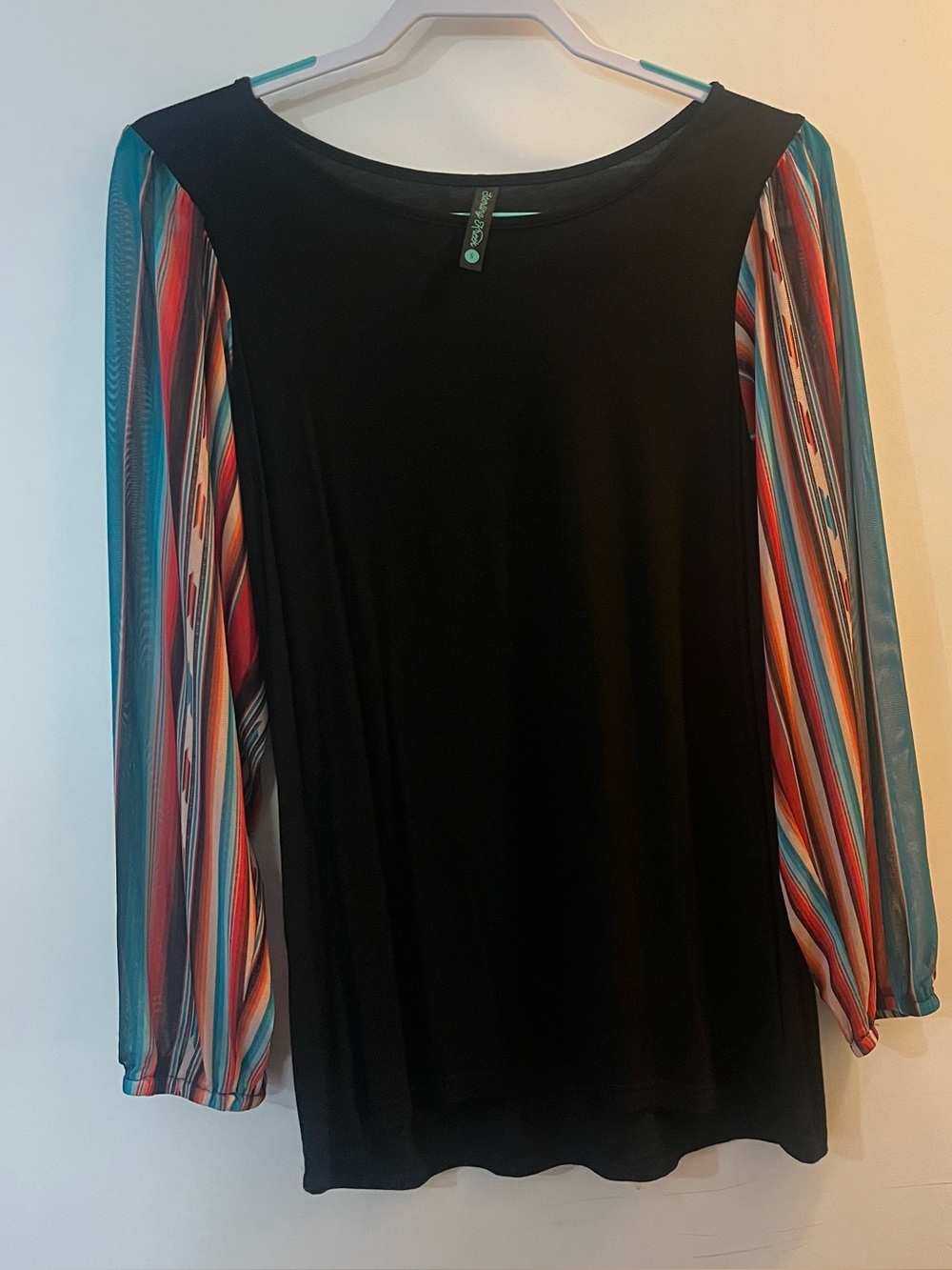 Women's Black Top with Multicolor Striped Sheer Sleeves